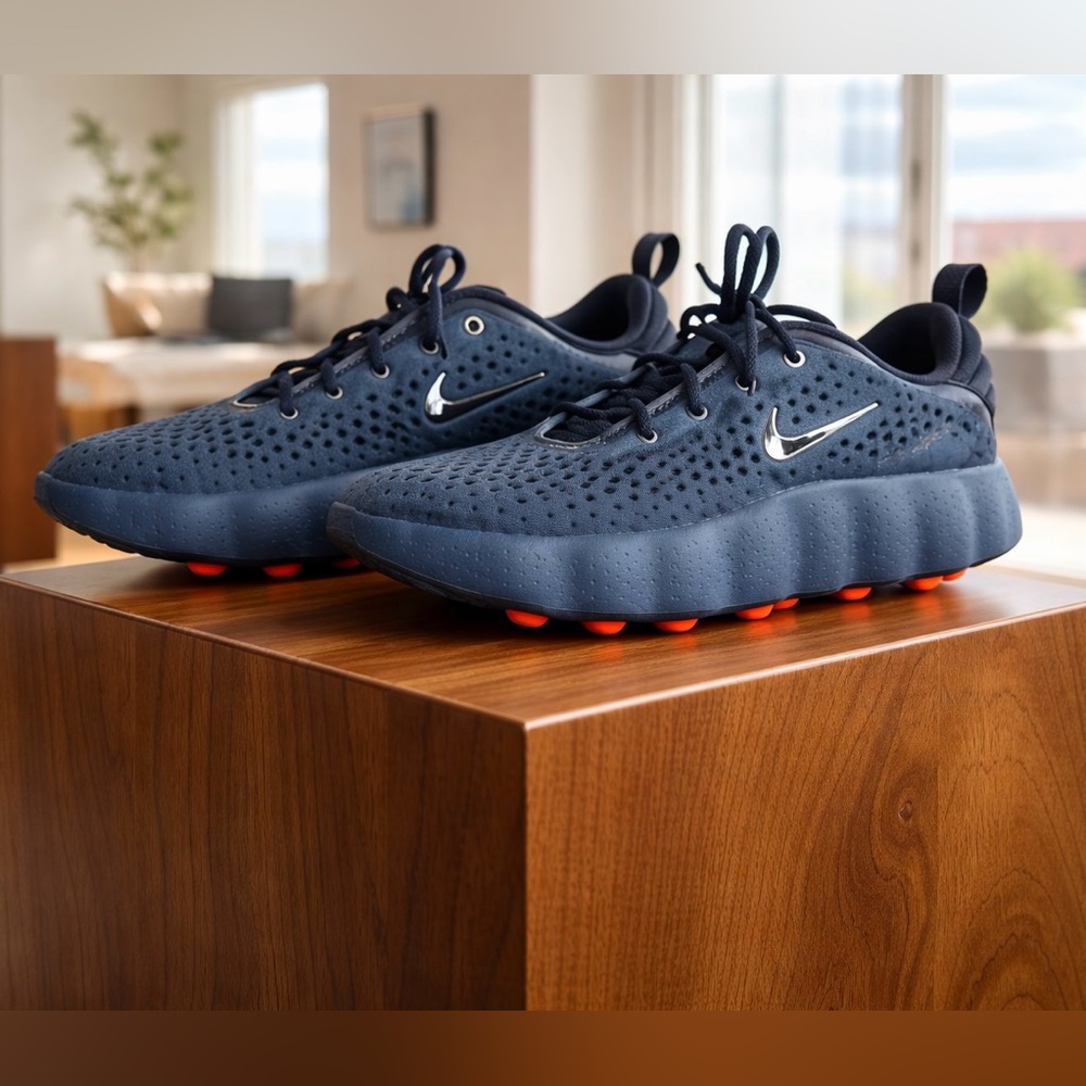 Nike Mind 002 Midnight Navy Blue Sneakers with Bright Orange Outsole Accents